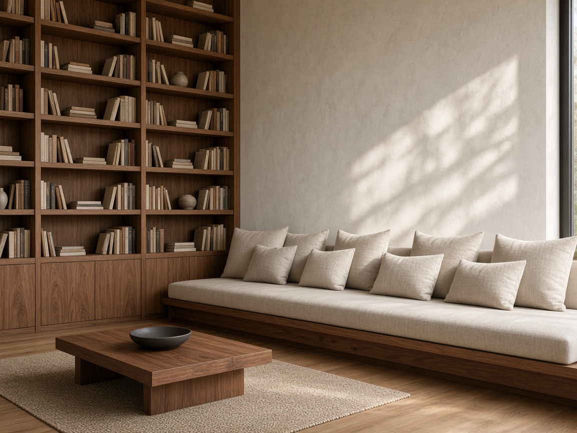 Bibliothèque et banquette en noyer sur mesure le long d’un mur en plâtre à la chaux