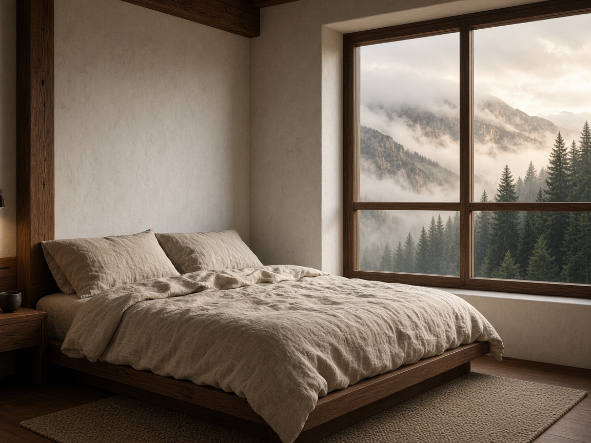 Chambre avec lit bas en noyer, linge en lin et fenêtre ouverte sur la montagne