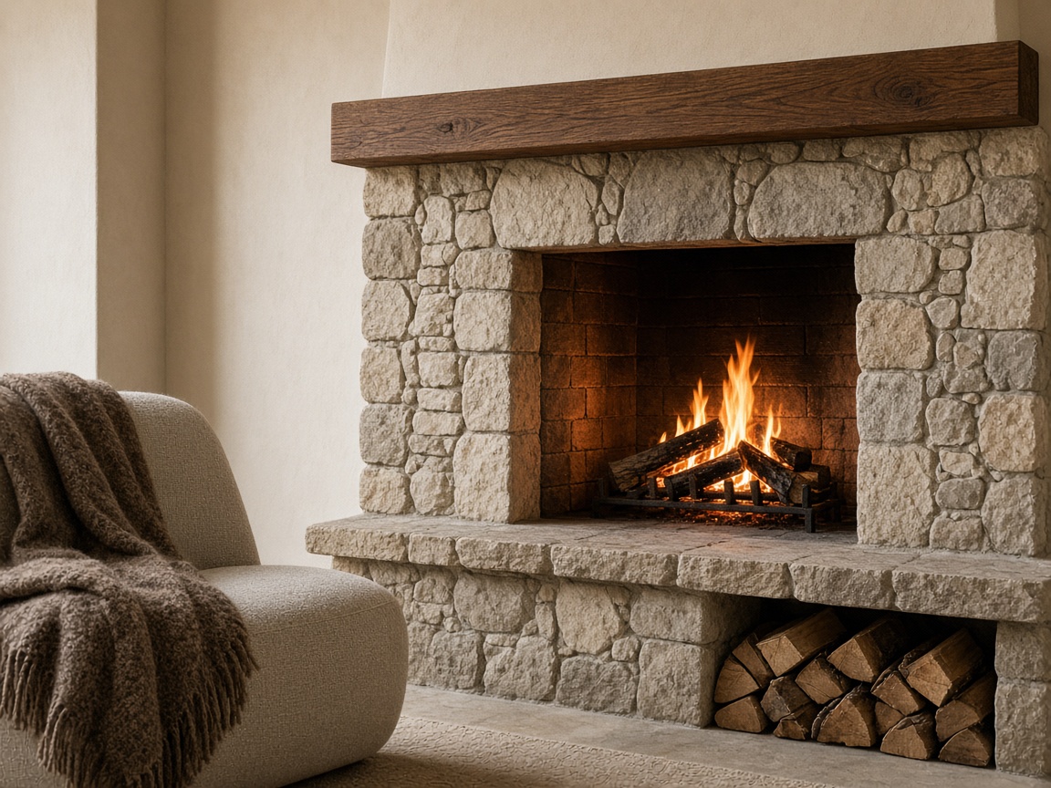 Cheminée en pierre à linteau de noyer avec feu allumé